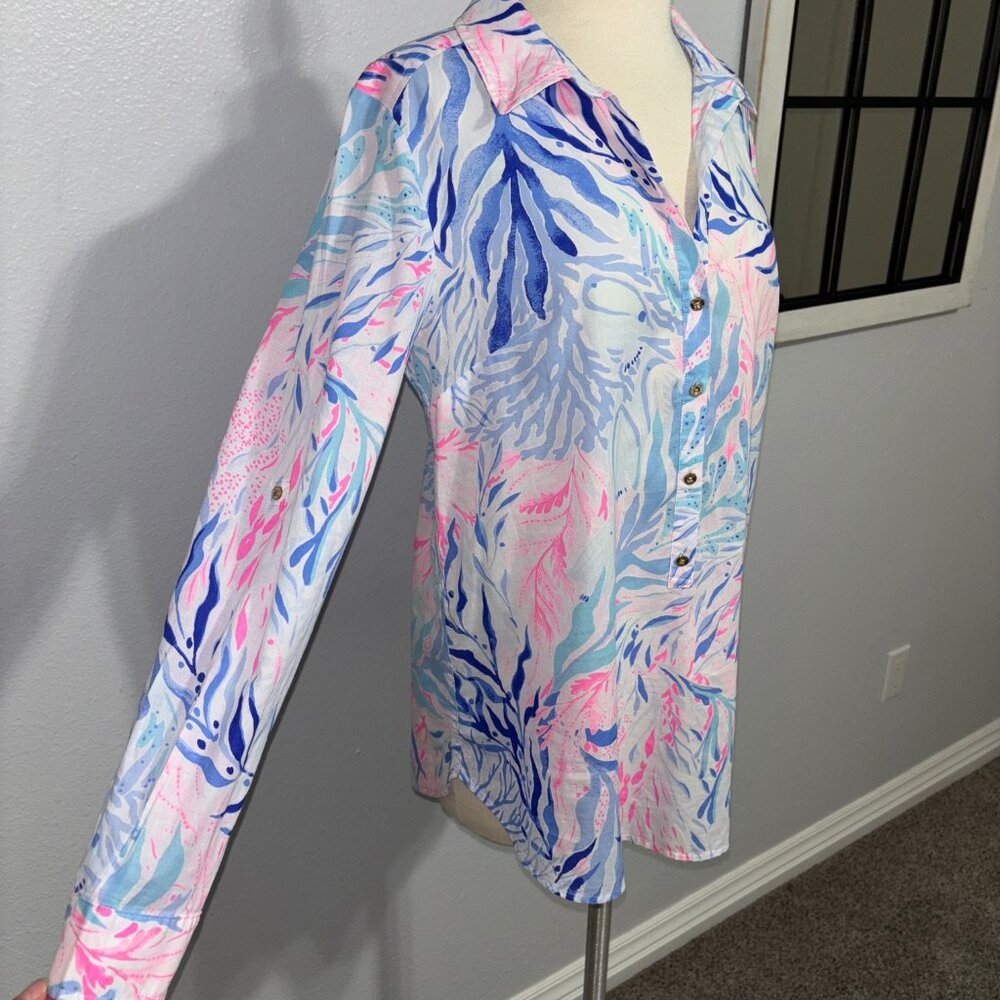 Lilly Pulitzer‎ Women’s S Cotton Tunic Top Button Front Pink Blue Tropical Print - Picture 3 of 11